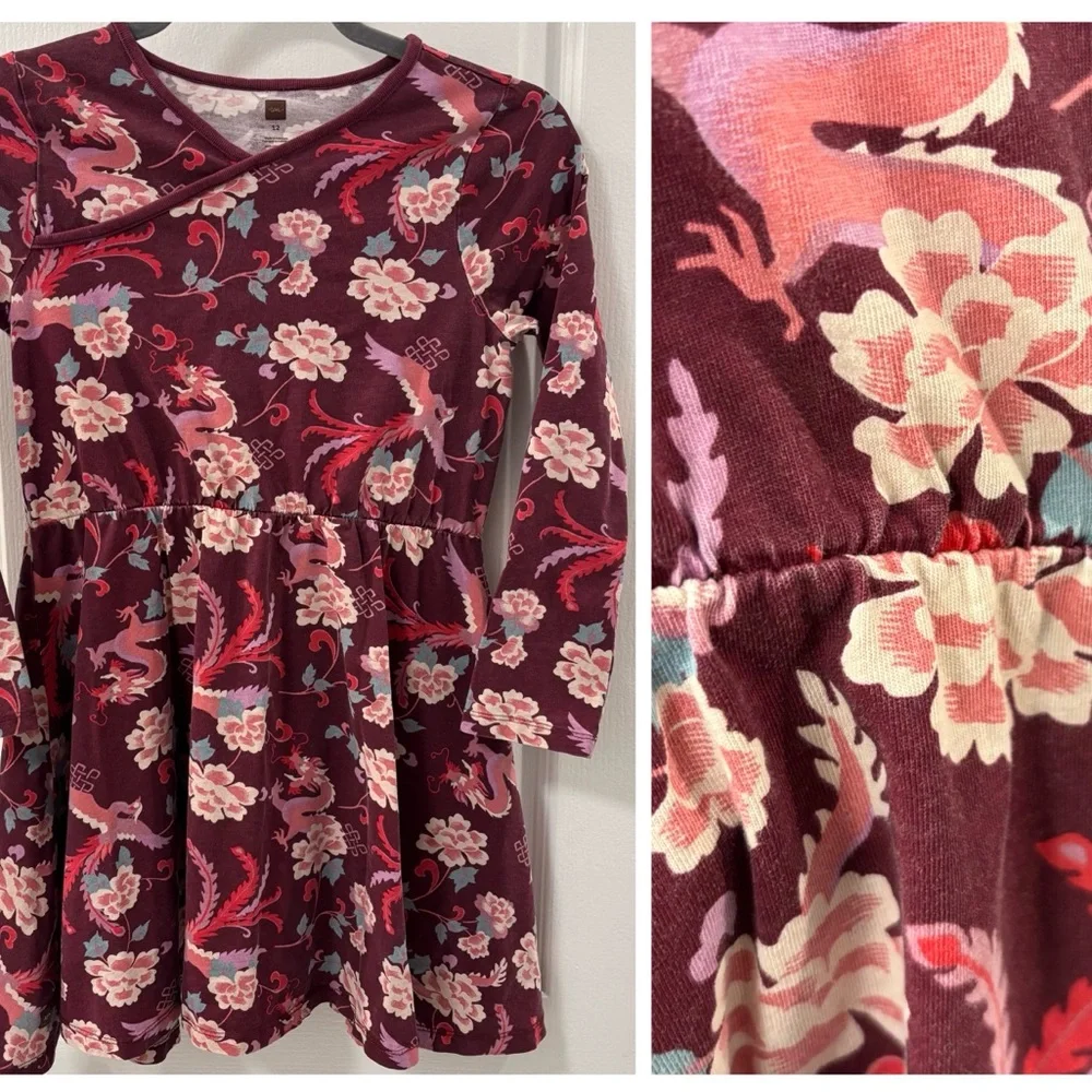 Tea Collection Girls  Burgundy Floral Long Sleeve  Dress  Girls size 12